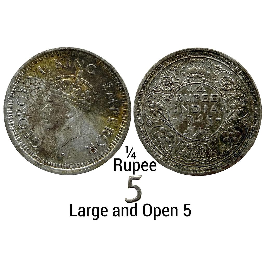 British India George VI 1945 AD Bombay Mint dot Large and Open 5 Half Silver 1/4 Rupee