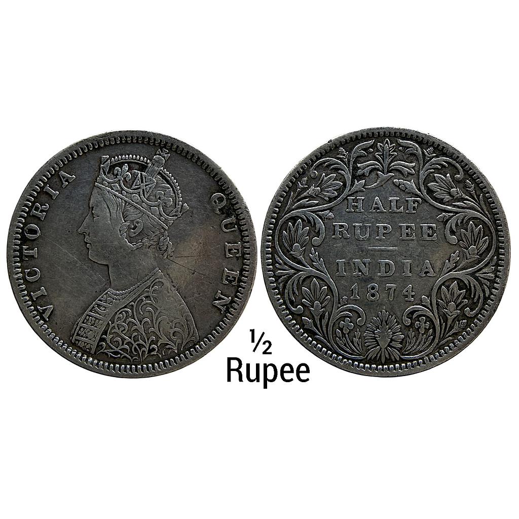 British India Victoria 1874 AD Queen Bombay Mint Obv B1 Rev II with dot Silver 1/2 Rupee