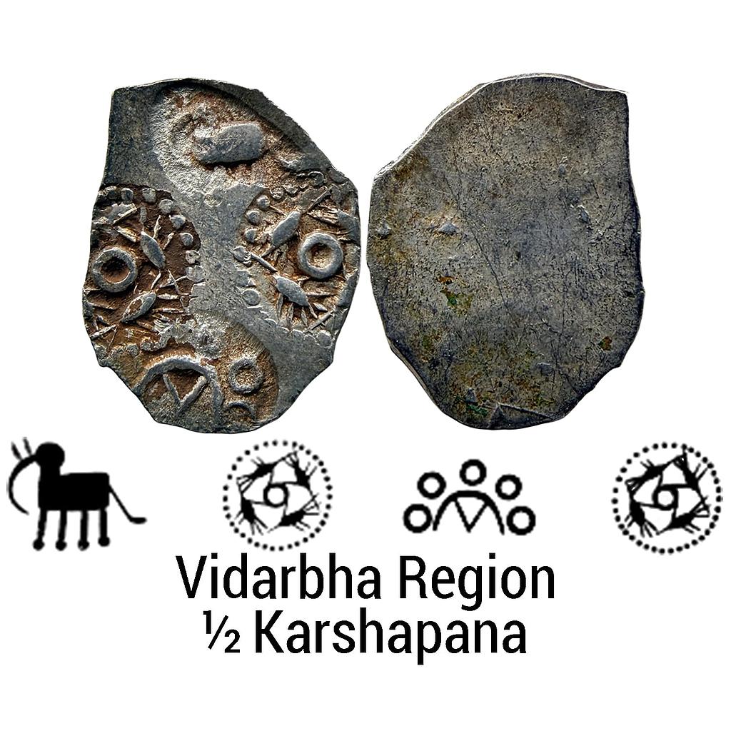 Ancient Punch Marked Coinage Northern Vidarbha Godavari Valley Makhala type Silver 1/2 Karshapana