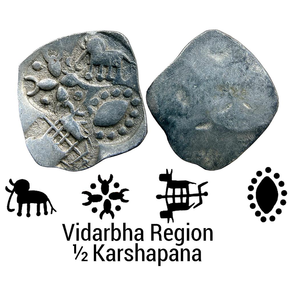 Ancient Punch Marked Coinage Vidarbha Region Adam-Pauni Hoard type Silver 1/2 Karshapana