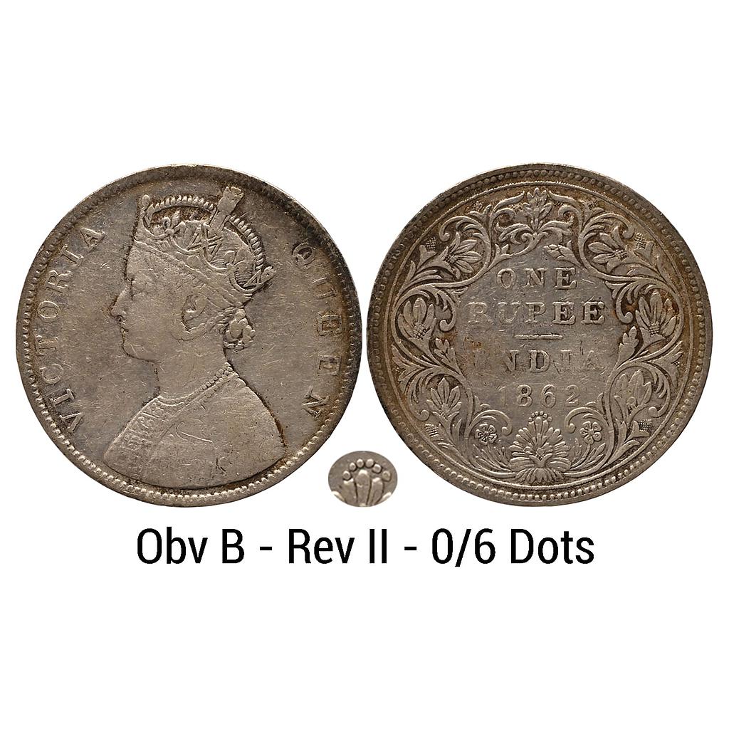 British India Victoria Queen 1862 AD Bombay Mint Obv B Rev II 0/6 Dot Silver Rupee