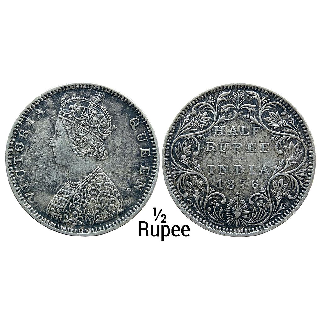 British India Victoria Queen 1876 AD Bombay Mint Obv B2 Rev II with dot Silver 1/2 Rupee