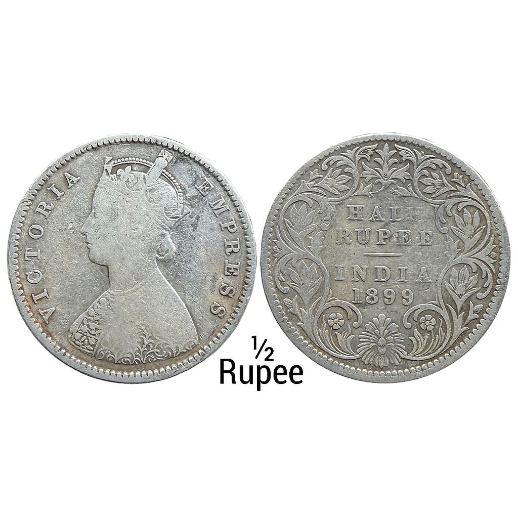 British India Victoria Empress 1899 AD Bombay Mint Obv A Rev I B incuse Inverted B Silver 1/2 Rupee