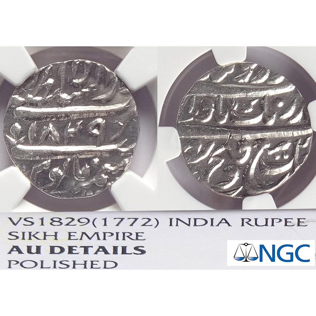 IK, Sikh Empire, "Gobind Shahi" Couplet, Dar us-saltanat Lahore Mint, NGC Graded AU Details, Silver Rupee