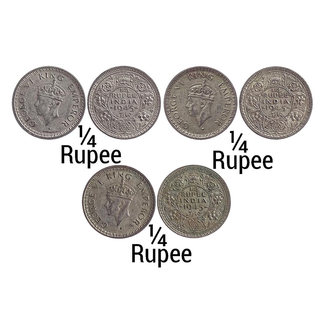 British India George VI 1945 AD Rev III / dot Large and Open 5 Bombay Mint Set of 3 Coins Half Silver 1/4 Rupee
