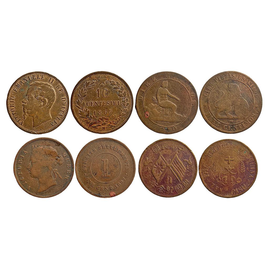 Italy Vittorio Emanuele II 1867 AD 10 Centesimi Spain 1870 AD 10 Centimos British Malaysia Straits Settlements Queen Victoria 1897 AD 1 Cent China Republic of China 10 Cash Copper